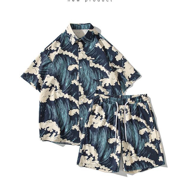 

mens casual tracksuits shirt and shorts set new summer casual printed short male printing dress suit sets hawaiian shirt sleeve set quick dr, White;black