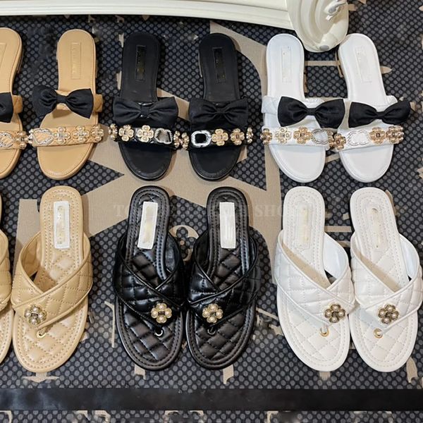 

lambskin mules women sandal designer slipper ladies pearls flip flops quilted bow flower sandals flat heel slippers, Black