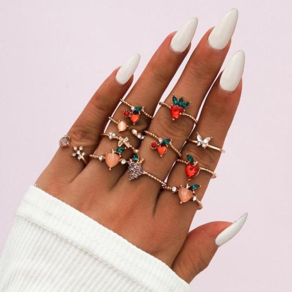 

new sweet fruit apple peach strawberry cherry butterfly snowflake personality fun ring 11 piece ring set6930223, Golden;silver