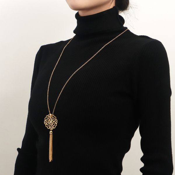 

ins hollowed out lotus tassels long necklace sweater chain women simple new autumn and winter accessories clavicle chain thanksgiving day gi, Silver