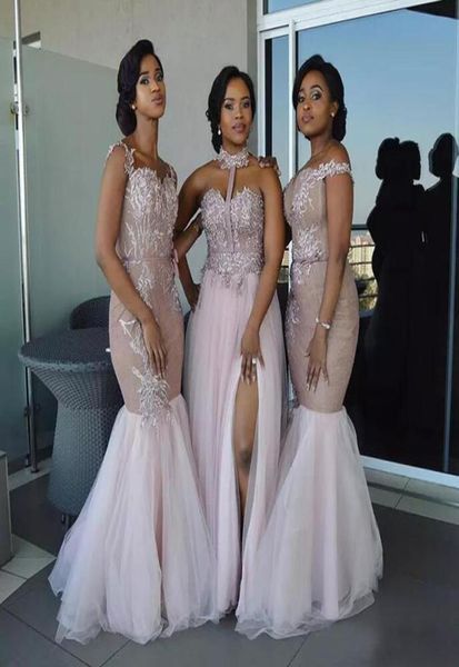 

three styles spaghetti halter off shoulder mermaid african bridesmaid dresses long lace applique maid of honor wedding guest dress8019533, White;pink