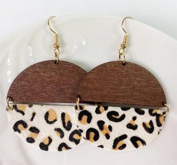 

leopard patchwork earrings rts genuine cowhide hair leather wood round ear pendant cow gold point bohemia earring2860848, Silver