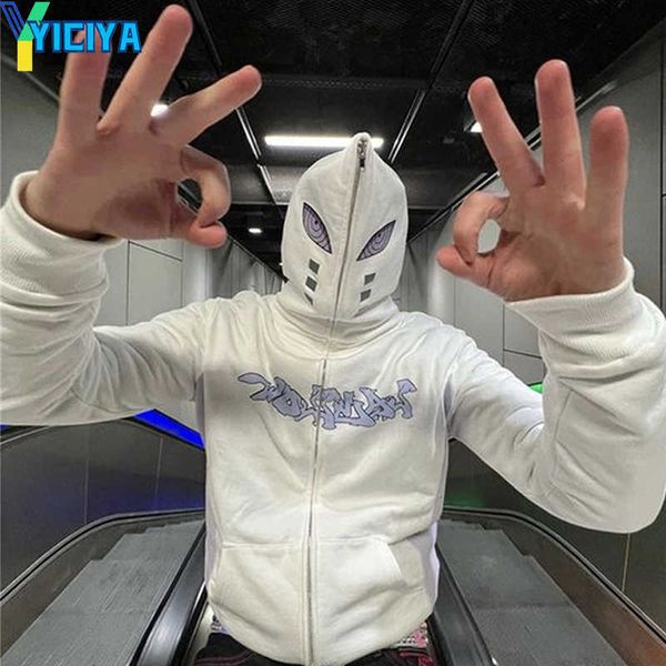 

yiciya mens hoodies sweatshirts y2k full zip hip hop graphic print hooded streetwear harajuku goth oversized winter men jackets coat clothes, Black