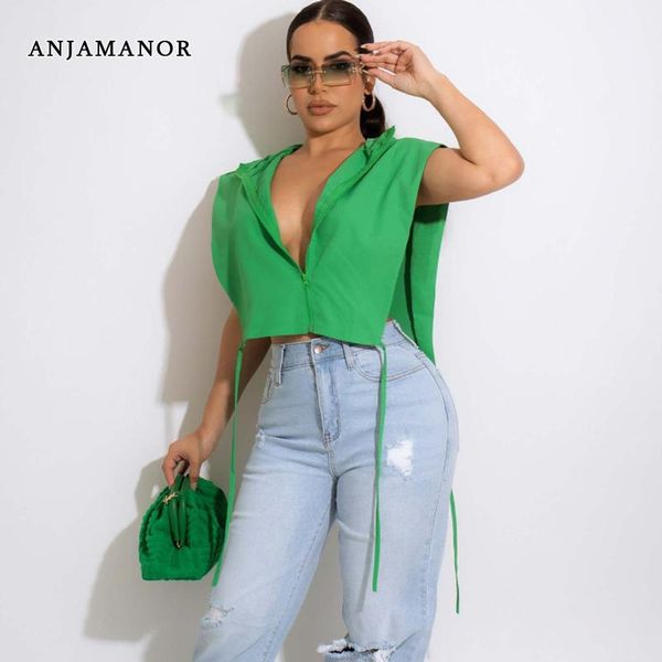 

t-shirt anjamanor zip up hooded crop short sleeve tshirts casual summer clothes for women wholesale items for business d85cd12, White