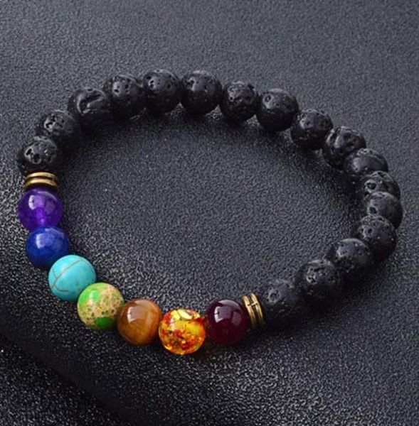 

new natural black lava stone bracelets 7 reiki chakra healing balance beads bracelet for men women stretch yoga jewelry4018416