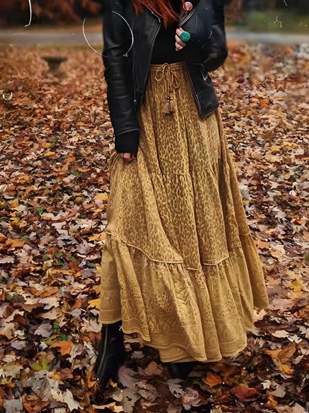 

dresses happie queens fashion women beach bohemian leopard floral print pleated skirt high waist aline boho maxi skirts femme, Black;gray