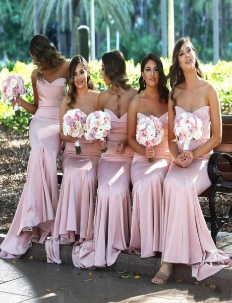 

2020 elegant blush pink satin mermaid bridesmaid dresses long ruched western country wedding guest maid of honor dress formal gown4018628, White;pink