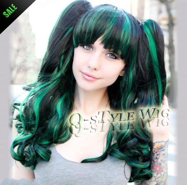 

highlight green mix black color pastel wig ombre style colorful thick long beautiful magic color wavy hair cosplay wig3594999