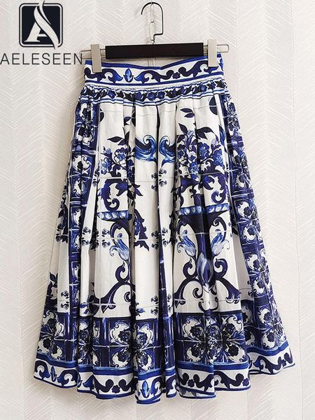 

dresses aeleseen 2022 women 100% cotton skirt runway fashion sicilian porcelian printed blue white flower elegant long party holiday, Black;gray
