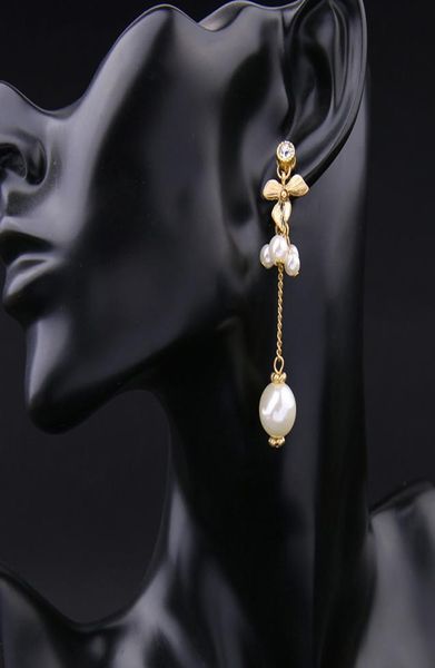 

fashion whole costume jewelry gold leaves pearl beads long dangle asymmetric earrings for women pendientes mujer moda5523085, Silver