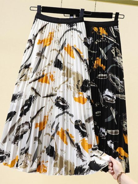 

dresses surmiitro long midi pleated skirt women 2023 summer korean fashion print ruffles elegant aesthetic high waist skirt female, Black;gray