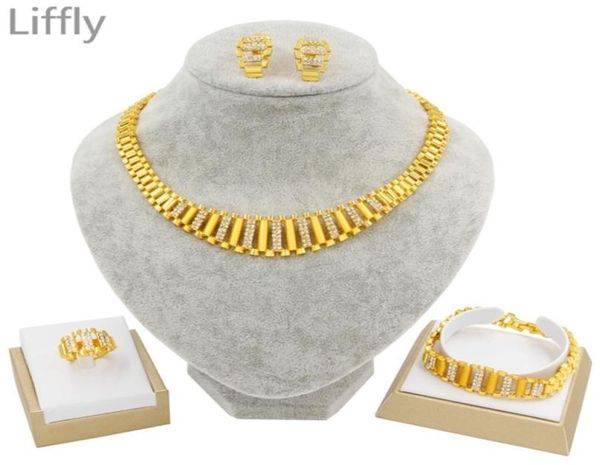 

liffly new dubai gold jewelry sets for women indian jewelry african wedding bridal gift necklace bracelet earrings set whole 28994856, Slivery;crystal