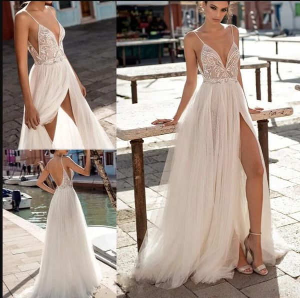 

elegant a-line wedding dresses side split spaghetti illusion boho beach vestidos de novia pearls backless bohemian bridal gowns, White