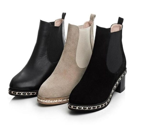 

runway b056 34 genuine leather chain low heel short boots018608706, Black