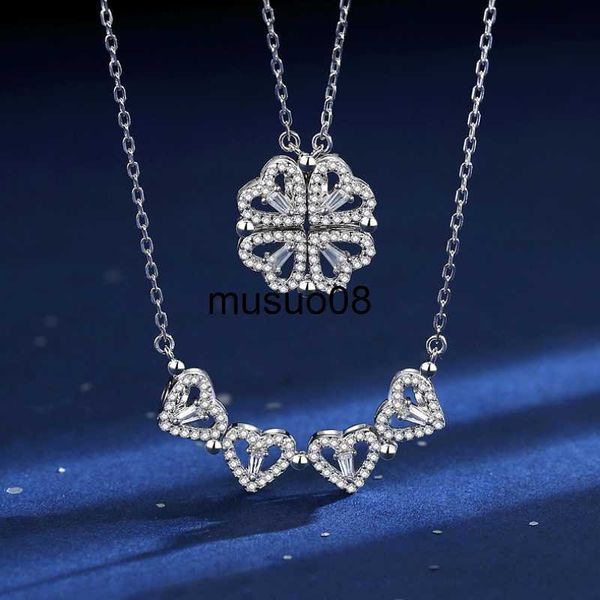 

pendant necklaces romantic lucky four leaf clover necklaces for women refined cubic zirconia love heart pendant necklace stainless steel jew, Silver