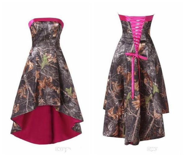 

real pos 2018 strapless high low short camo bridesmaid dresses fuchsia custom bandage back honor of maid custom camouflage brid4749910, White;pink
