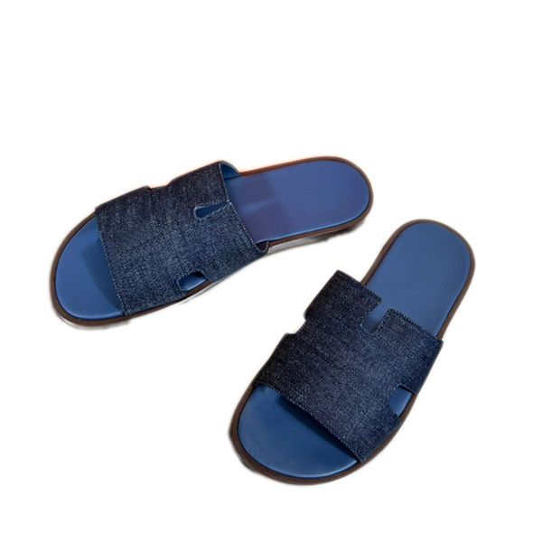 

izmir denim sandal slippers dermis sole mens summer beach denim sandals luxury designer calfskin indoor slippers flat shoes with iconic cut-, Black
