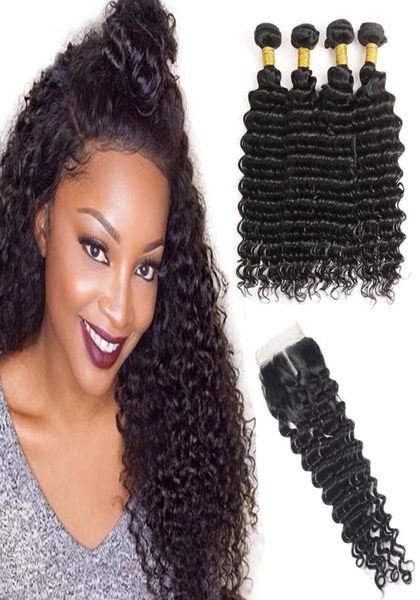 

brazilian virgin hair extensions 4 bundles with 4x4 lace closure deep wave hair extensions curly 5 pieceslot natural color7269286, Black;brown