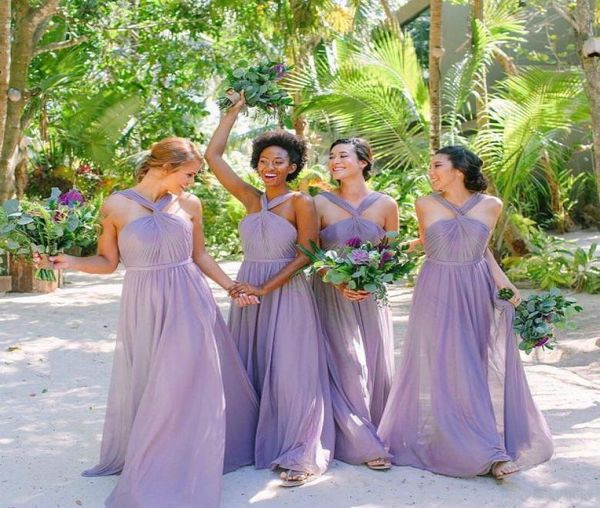 

2020 lavender summer beach boho long bridesmaid dresses vneck ruffles a line chiffon maid of honor wedding guest party wear5837816, White;pink