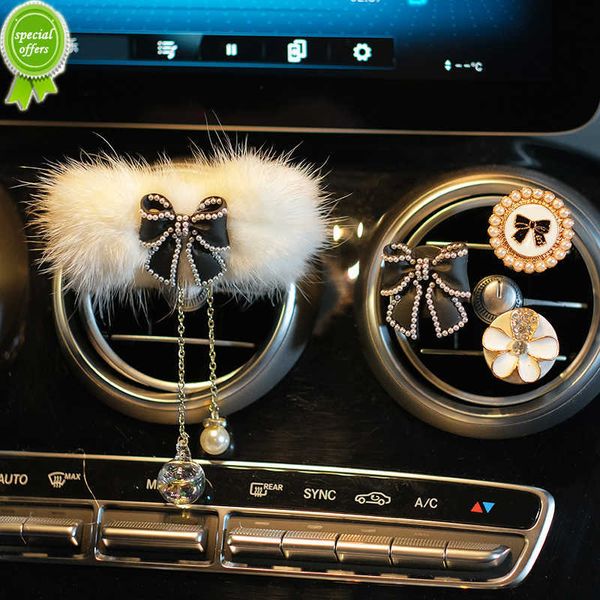 

new fashion pearl mink fur bow car air freshener outlet vent clip bowknot crystal tassels car perfume solid diffuser car accessories