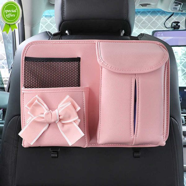 

new pink pu leather car storage bag for women flower bowknot auto interior seat back organizer multifunction tissue holder pocket