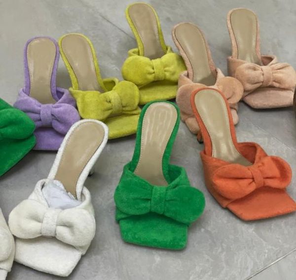 

towel mules women bowtie sandals mule square toe stretch slipper rubbe outsole high heel shoes fashion ladies thin pumps sand6997847, Black