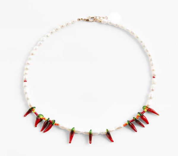 

lady fashion red chili pepper necklaces for women bohemian beads handmade pearls stone collar choker jewelry gift chains5104688, Silver