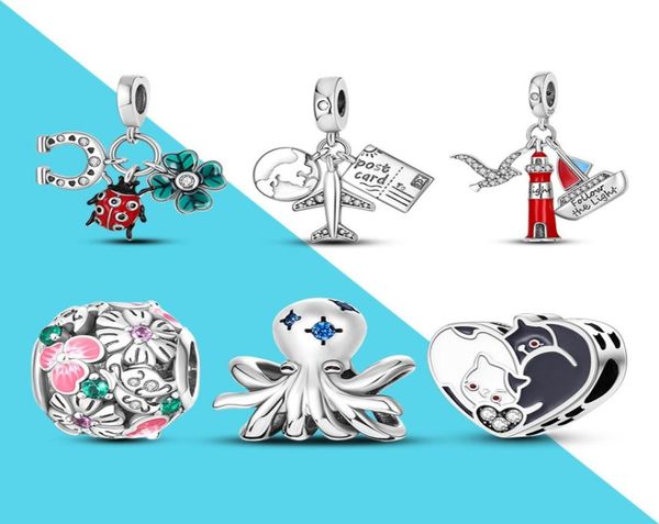 

925 sterling silver dangle charm black and white kitty squid ladybug seagull beads bead fit pandora charms bracelet diy jewelry ac9657330, Bronze;silver