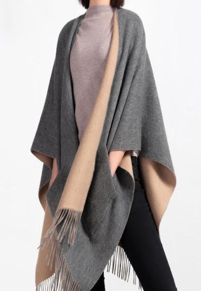 

100 wool winter ponchos and capes for ladies cashmere wearable sleeve shawls and wraps women blanket scarves poncho stoles5666672, Blue;gray
