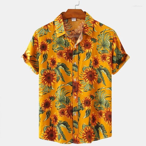 

summer sunflower print shirts men's fashion beach shirts hawaiian vacation party wear, White;black