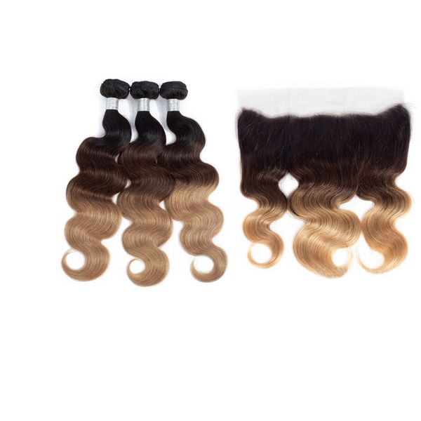 

brazilian human hair 3 bundles with 13x4 lace frontal 1b/4/27 ombre color yirubeauty silky straight body wave 4 pieces/lot 1b 4 27, Black;brown