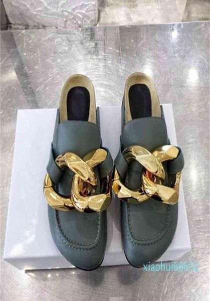 

slippers shoes gold chain decor round toe flat mules lazy loafers shoes9258554, Black