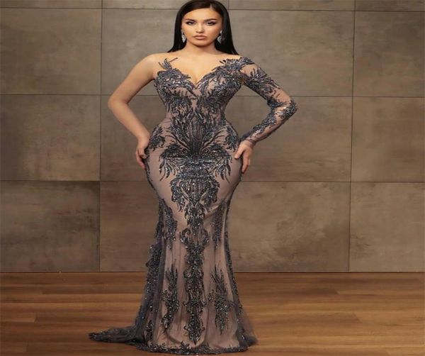 

gorgeous grey mermaid illusion evening dresses beads sequins party gowns women prom dress long sleeves floor length glitter robe d8254785, Black;red