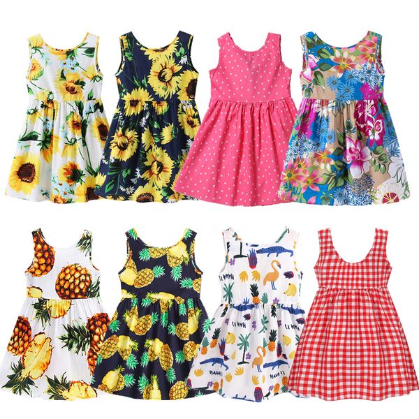 

1-7 years baby girls sleeveless flower print dresses clothes kids summer princess dress children party ball pageant dress outfit, Red;yellow