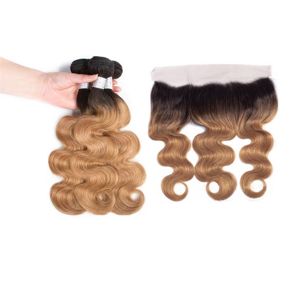 

1b/27 ombre color malaysian human hair wefts with 13x4 lace frontal part body wave 1b 27 yirubeauty, Black;brown