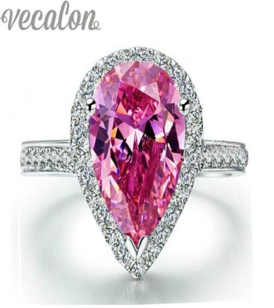

vecalon fashion ring pear cut 4ct pink cz diamond engagement wedding band ring for women 925 sterling silver female finger ring2926560, Slivery;golden
