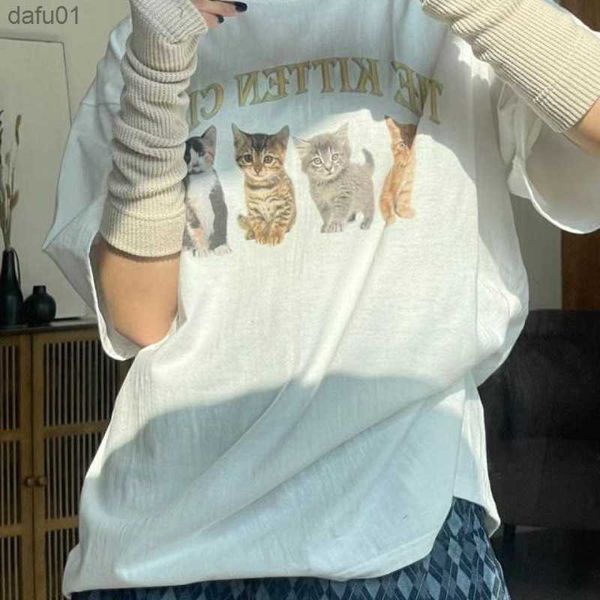 

kawaii the kitten club women t shirt streetwear white cotton short sleeve femme oversized graphic tee cute grunge y2k egirl l230520, White;black