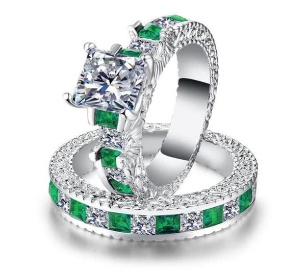 

choucong unique luxury jewelry 925 sterling silver princess cut emerald cut z gemstones party eternity bridal ring set for lov2640311, Slivery;golden