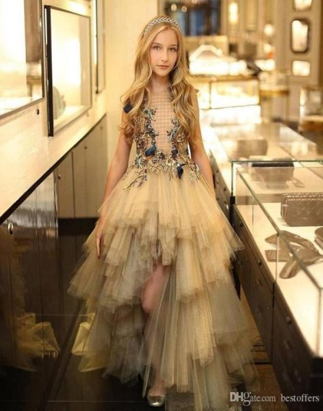 

2020 high low girls pageant dresses 3d appliqued a line tiered skirt tulle ruffles kids first communion dresses prom party 6235228, White;red