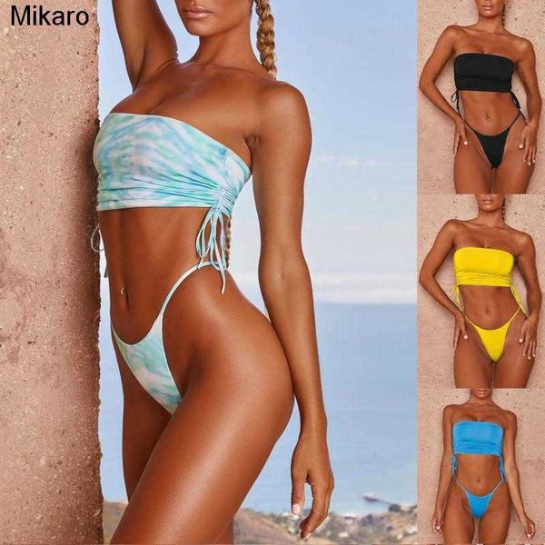 

mikaro women's swimwear women's solid color/printing bikini set off shoulder briefs swimsuit classic hollow bare midriff two piec, White;black