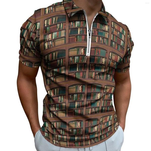 

men's polos books library polo shirts bookshelf print casual shirt summer streetwear mens short sleeve turn-down collar design t-shirts, White;black