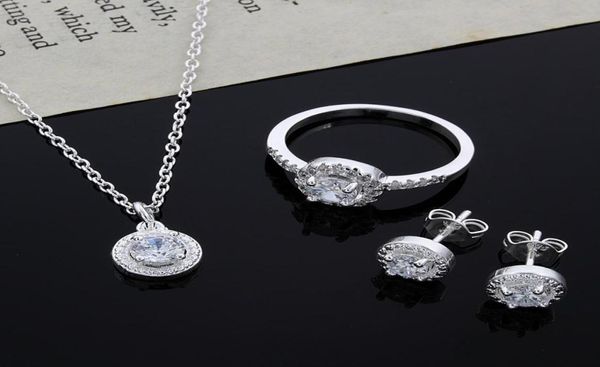 

2015 new design 925 sterling silver cz diamond necklace ring earrings set fashion jewelry wedding gift for woman 1717387, Slivery;golden