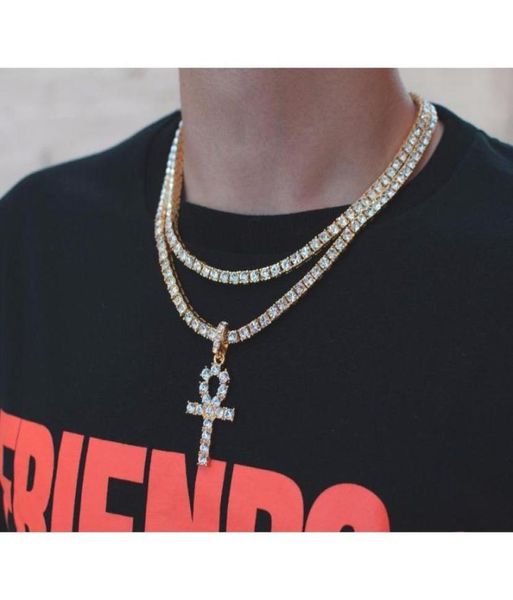 

hip hop iced out ankh cross pendant necklace 4mm tennis chain micro pave cz stones g wmtstw whole20198277195, Silver