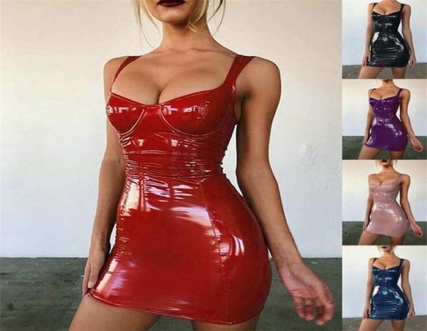 

2021 gothic women bodycon dress pu leather autumn winter vestido high waist sleeveless mini dress women clothing4393272, Red