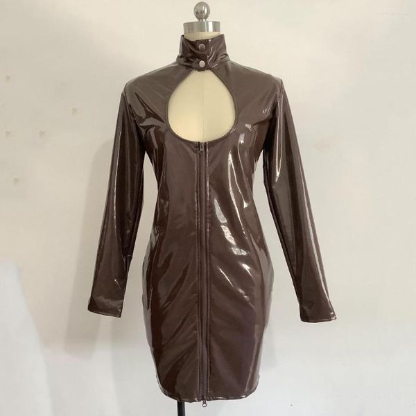 

ladies button neck pvc leather dress faux latex long sleeve mini dress party pole dancing clubwear novelty pencil vestido, Black;gray