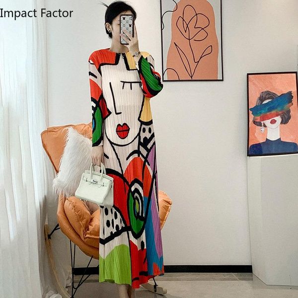 

dresses new miyake pleated cartoon print long sleeve temperament dress korean spring 2023 women's fashion slim long dress, Black;gray