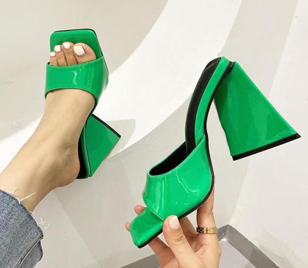 

slippers women design 10cm high heels slides mules summer peep toe patent leather green yellow thick block party shoe1699005, Black