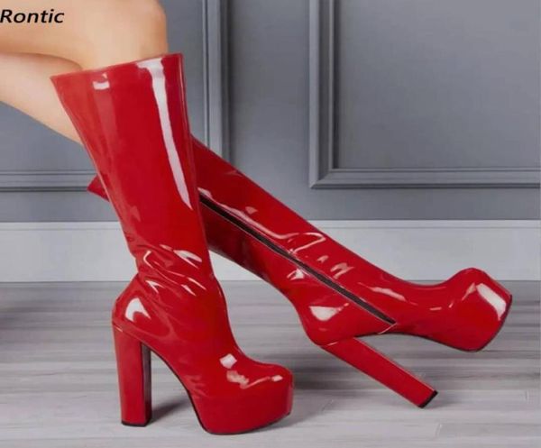 

rontic handmade women winter knee boots hidden platform patent chunky heels round toe pretty red party ladies shoes us size 5202660256, Black