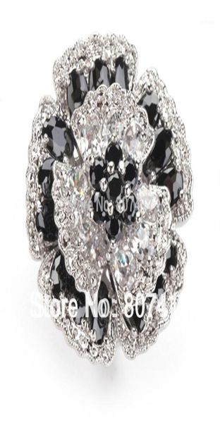 

shunxunze big engagement wedding flower rings jewelry for women black and white cubic zirconia rhodium plated r917 size 61313247057, Slivery;golden