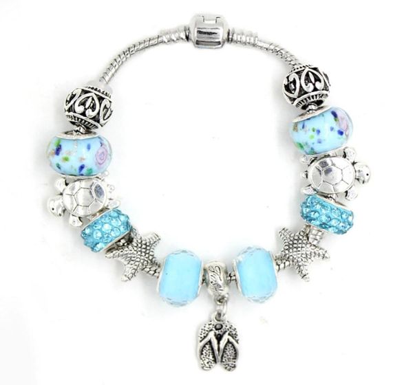 

new european style lampwork murano bead sealife ocean beach starfish turtle flip flop charm bead bracelets for women jewelry bijou5604444, Golden;silver